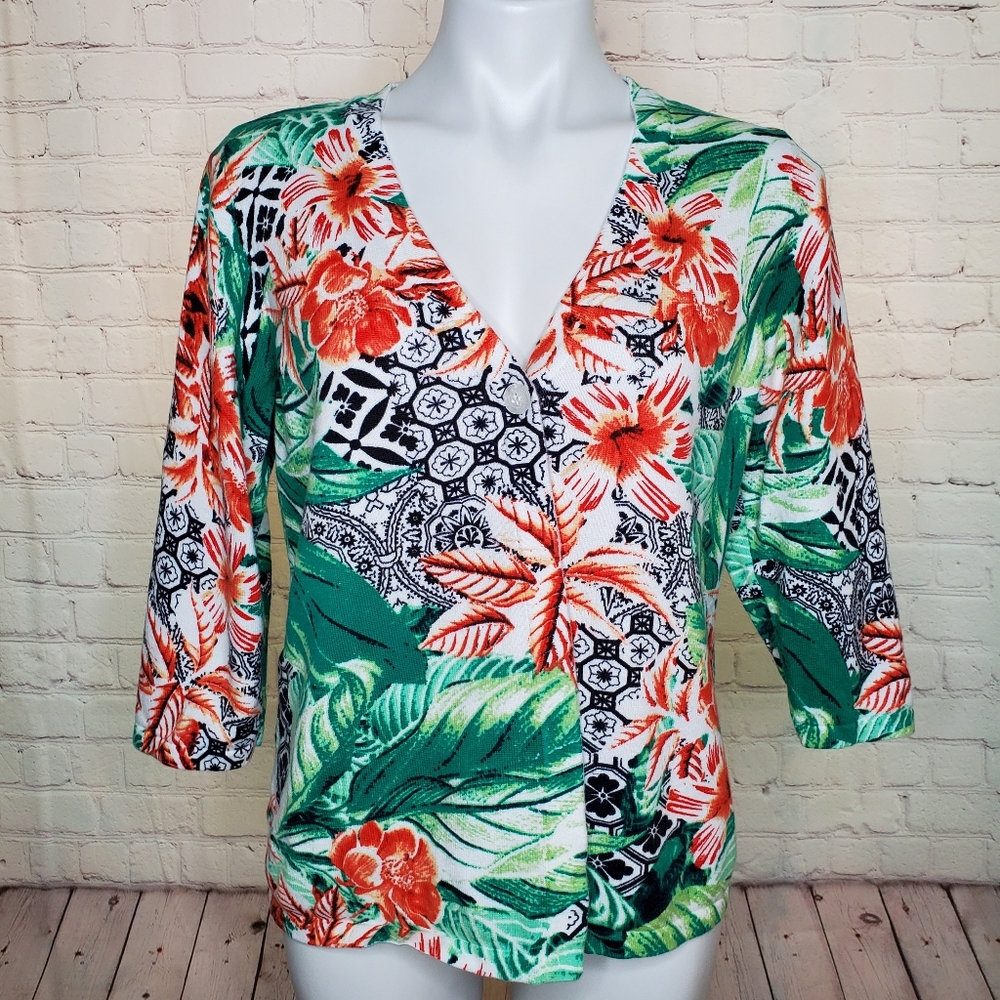 Christopher & Banks Tropical Palm Print Green and Orange Cardigan Size L